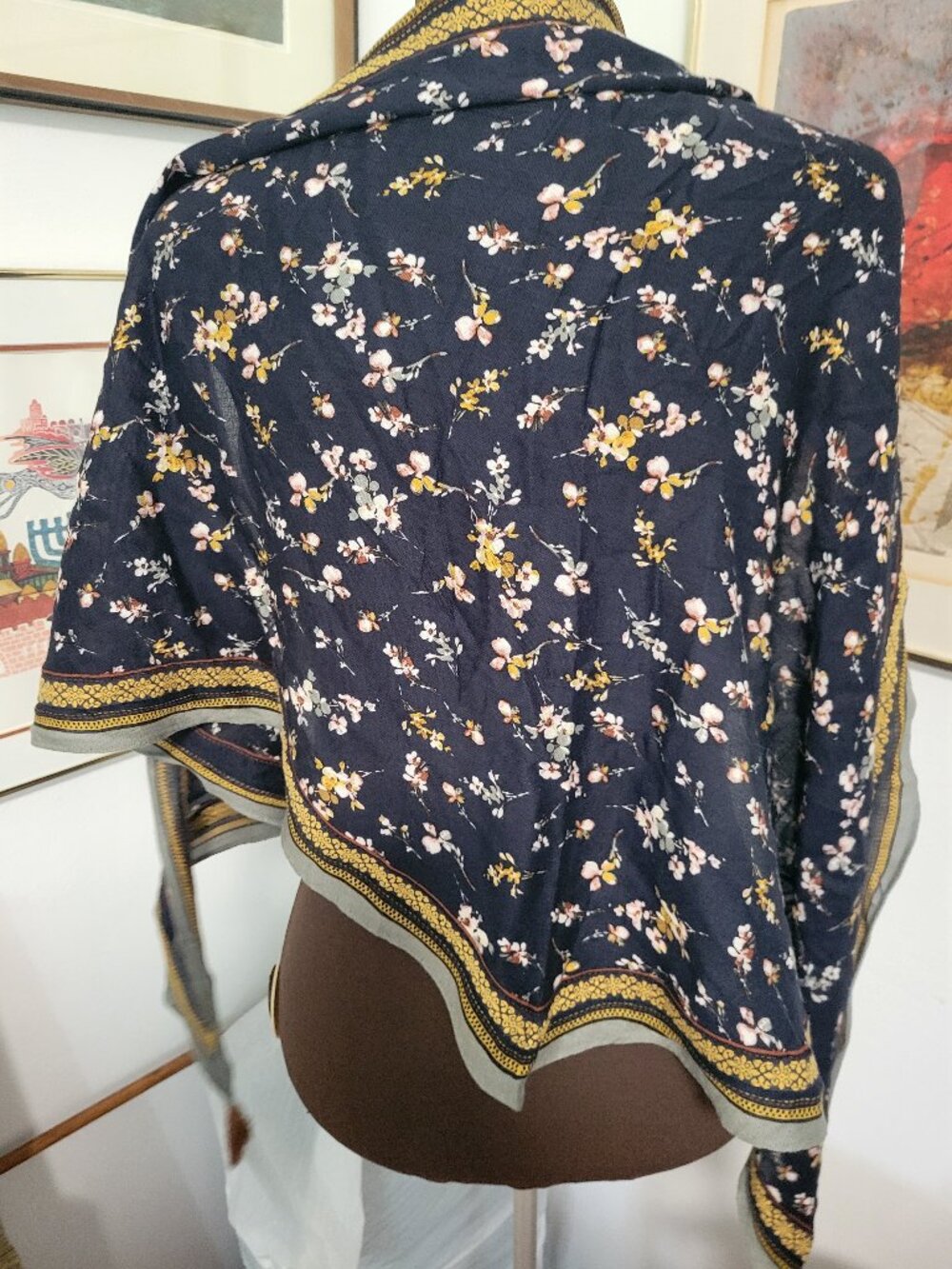 NWT J JIll Wrap or Scarf in Navy with heavy embroidered ribbon around & Tassels